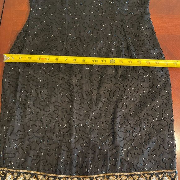 Vintage A.J. Bari Black 100% Silk Beaded Cocktail Dress W/ Gold Sequins Sz 6 - Picture 10 of 11